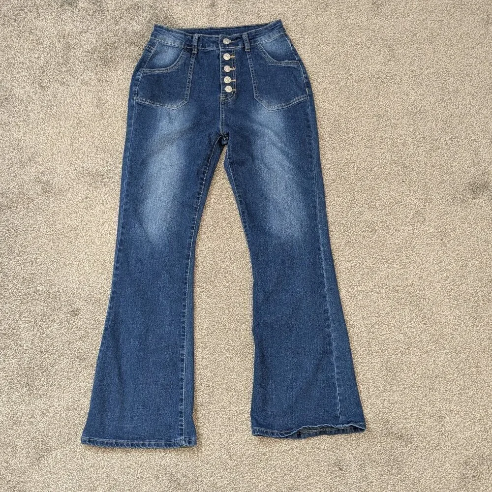 Blue Denim High Rise Button-Fly Flare Leg Jeans; Girl's Size M